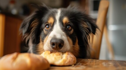 Cute Border Collie Eyeing Freshly Baked Bread on Kitchen Counter