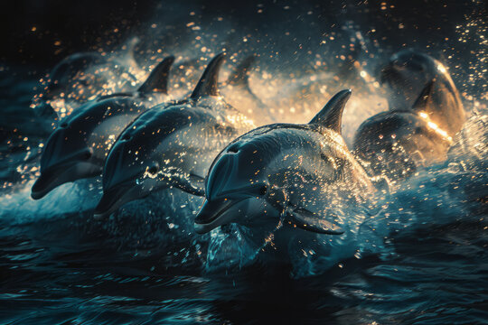 An image showing a group of dolphins swimming, their paths illuminated by the bioluminescent organis