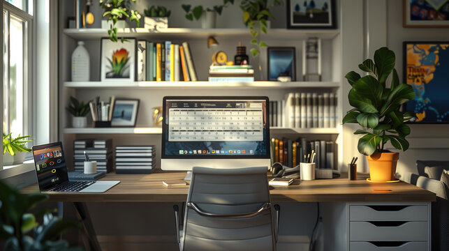 A home office designed with clear boundaries between work and personal life, a desk organized with only work-related items, a schedule on the wall outlining work hours and breaks. Generative AI.