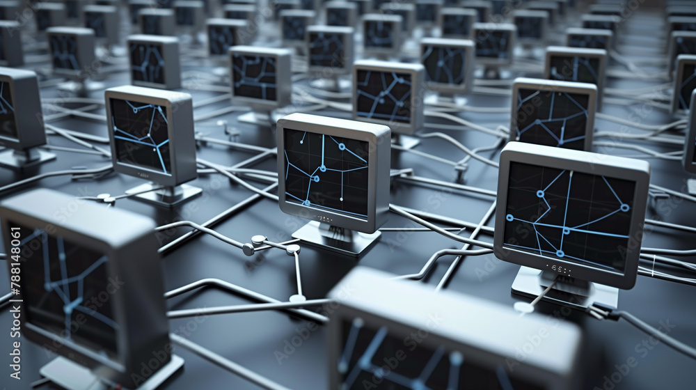 Poster a computer network with many monitors and a keyboard. the network is blue and the monitors are conne