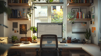 A home office designed with clear boundaries between work and personal life, a desk organized with...