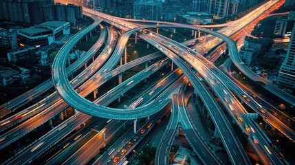 Aerial view of intricate city highway interchange at night with light trails. - obrazy, fototapety, plakaty