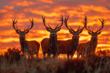 A depiction of stags during the rut illuminated by the golden light of sunset, their silhouettes dra - obrazy, fototapety, plakaty