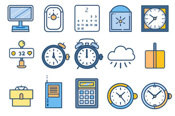 Simple Set of Time Related Vector Line Icons. Contains such Icons as Timer, Speed, Alarm, Restore, Time Management, Calendar and more on white background 32k, full ultra hd, high resolution