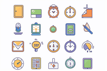 Simple Set of Time Related Vector Line Icons. Contains such Icons as Timer, Speed, Alarm, Restore, Time Management, Calendar and more on white background 32k, full ultra hd, high resolution
