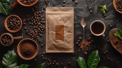 Luxurious coffee brand  elegant paper bag mockup with brown packaging and label, dark coffee beans
