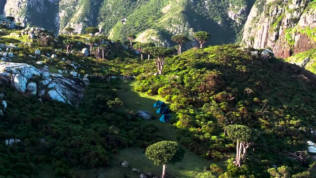 Aerial view of campsite in Socotra Island, Yemen.