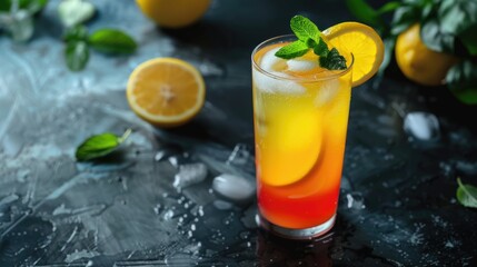 Refreshing Tequila Sunrise cocktail with ice and mint.