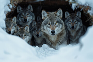 Obraz premium A photograph capturing a mother wolf bringing back food to her waiting pups, hidden away in a den ca