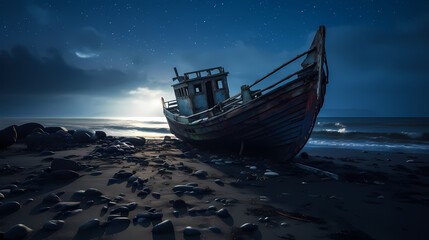 Abandoned sunken ship on the beach under starry night sky, shrouded in fog