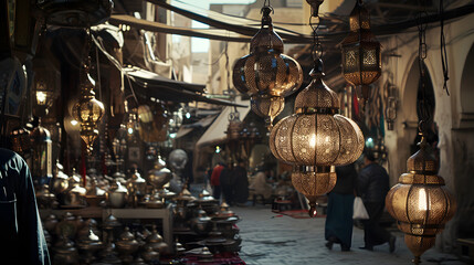 Old arabic bazaar shopping in outdoor market bronze lamp, Travel concept - obrazy, fototapety, plakaty