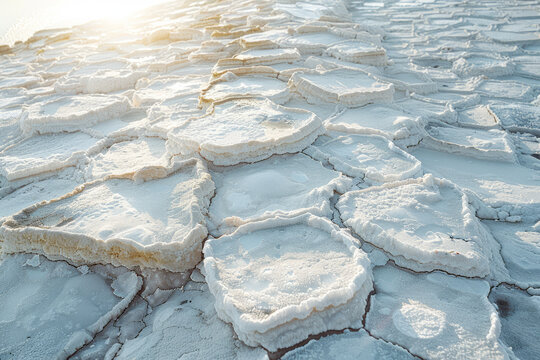 A photograph capturing the geometric patterns of the salt crust, the polygons filled with water shin