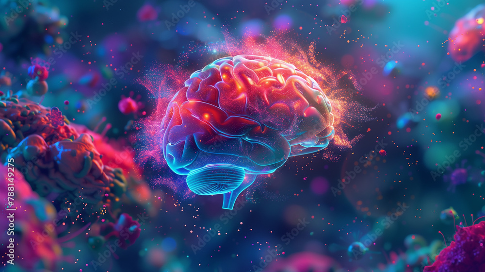 Poster a neon brain is floating in a room with neon lights. the brain is surrounded by a colorful, futurist
