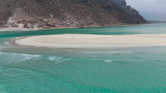 Aerial view of Detwah Lagoon with woman, Socotra Island, Yemen.