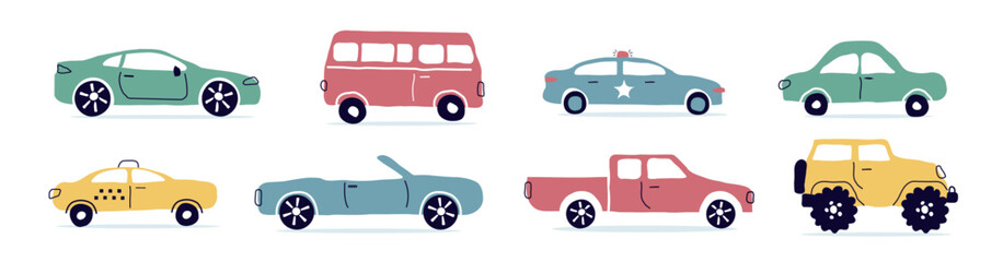A set of modern cars. Taxi, police, convertible, pickup truck. Bus, SUV, small car. Urban types of cars in a flat style. for the web, print, banner. vector art  illustration.
