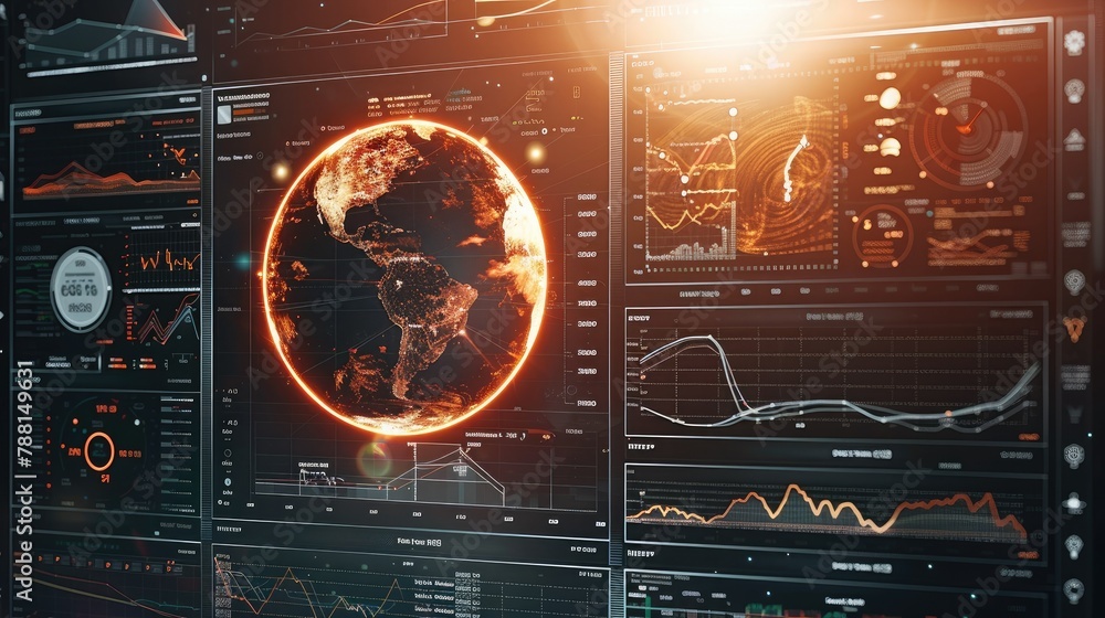 Poster futuristic computing workstation displaying scenes of the solar eclipse with different charts and gr