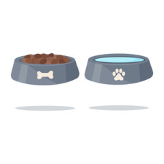 Dog bowls for water and dry food isolated on white background
