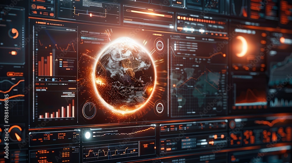 Poster Futuristic computing workstation displaying scenes of the solar eclipse with different charts and graphs scientific readouts. Generative AI.