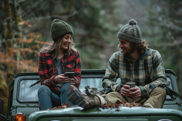 Fall Getaway: Couple Sharing a Laugh While Sitting on a Pickup Truck