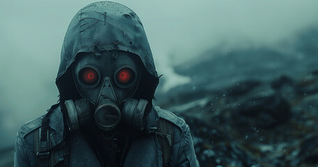 Man wearing a mask in post-apocalyptic style against a background of ruins