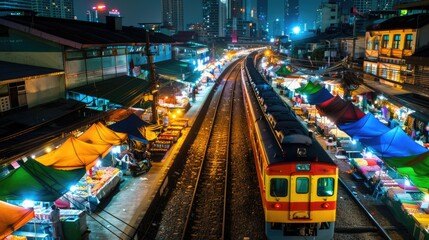 Train arriving at night at a vibrant street station with local market stalls.