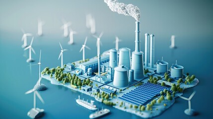 Isometric illustration of an industrial factory without smoke coming out from the chimney, a green trees, wind turbines and most of solar panels around, 3d rendering style. Generative AI.