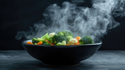 Steaming bowl of mixed vegetables with broccoli, carrots, and cauliflower. - obrazy, fototapety, plakaty