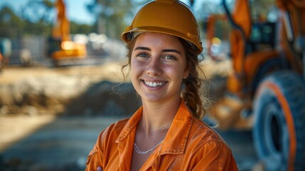 Happy female civil worker on job site. Generative AI.