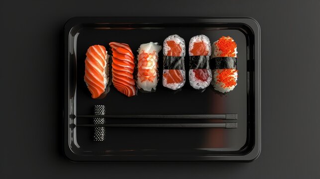 Artistic shot of assorted sushi on a minimalist black plate, chopsticks on the side, acrylic paint