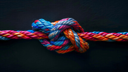 Knot, color and rope with unity, cooperation and collaboration on a dark studio background. Texture, teamwork and symbol for partnership, trust and solidarity with culture, help and icon with support - obrazy, fototapety, plakaty