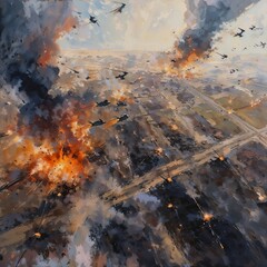 Aerial Assault on Urban Landscape During Sunset With Explosions and Smoke