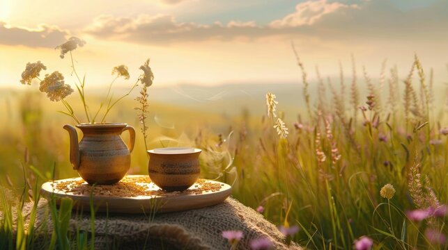 Tranquil countryside scene with ceramic tea set on a wooden tray among wildflowers at sunset Shavuot