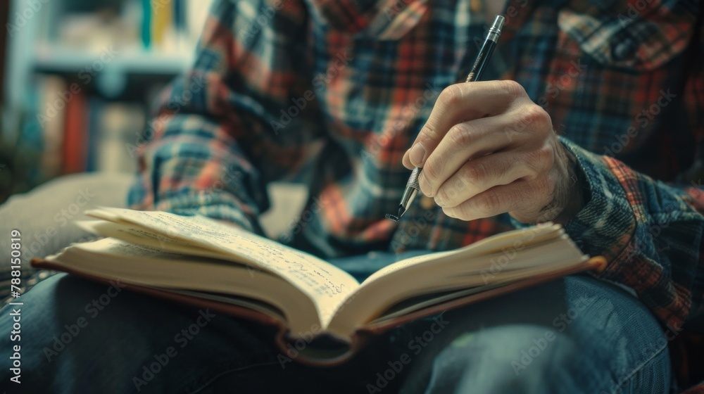 Aufkleber Close-up of a focused writer Writing important notes with a pen in an open notebook at home sitting on the couch