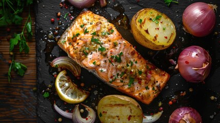 Grilled salmon with spices and roasted vegetables on slate