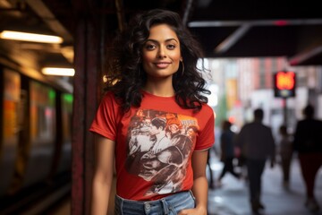 Fototapeta premium Portrait of a merry indian woman in her 30s sporting a vintage band t-shirt over bustling city subway background