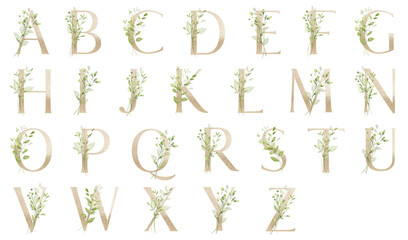 Obraz premium Floral alphabet, gold letters with watercolor leaves. Monogram initials perfectly for wedding invitations, greeting card, logo, poster and other. Holiday design hand painting.