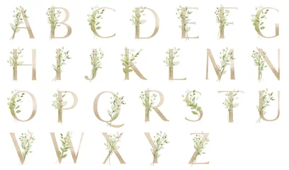 Tapeten Floral alphabet, gold letters with watercolor leaves. Monogram initials perfectly for wedding invitations, greeting card, logo, poster and other. Holiday design hand painting. © Larisa