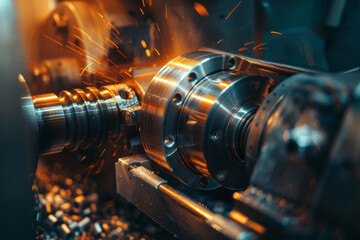 A CNC turning and milling factory processes a steel turbine. CNC metal machining close up with metal chips
 - Powered by Adobe