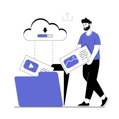 Data storage. Cloud service concept. Man uploaded files to the cloud storage. Vector illustration with line people for web design.