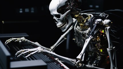 science fiction human skeleton robot technology is checking laptop computer. human relations, science academia