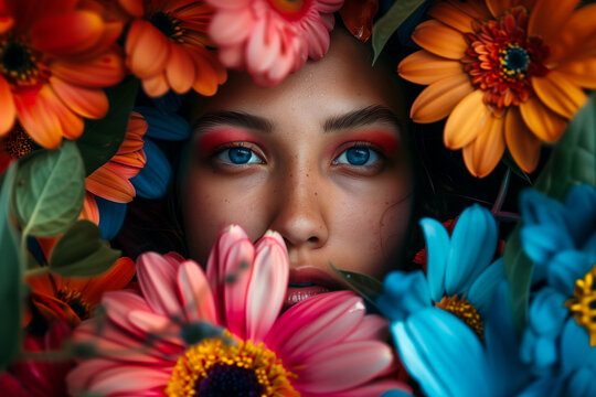 face of a girl surrounded by various colorful flowers