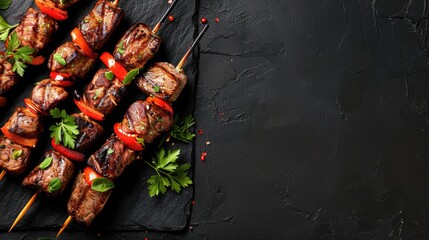 Grilled meat skewers with spices and cherry tomatoes on a dark slate background. - Powered by Adobe
