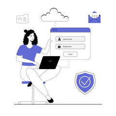 Cloud data protection. Internet security, privacy access with password. Vector illustration with line people for web design.