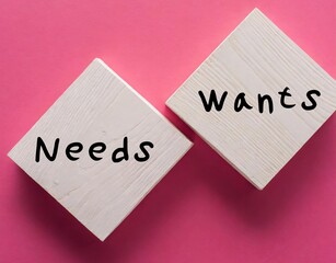 On pink background - wood blocks written Needs VS Wants - difference between those things that are essential for survival and well-being VS things enhance quality of life but are not essential