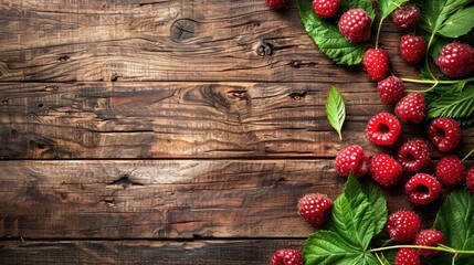 Fresh raspberries with green leaves on a rustic wooden background.