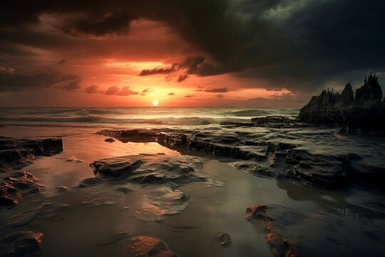 A sunset at a rocky beach, with warm hues painting the sky and ocean under a dark clouded backdrop