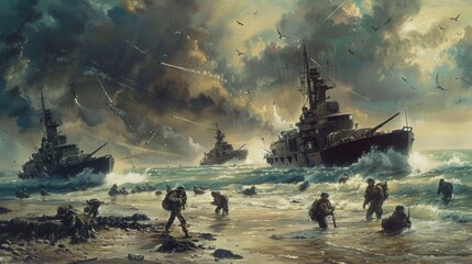 D-Day Normandy Invasion concept art with soldiers landing on beach and warships in background - obrazy, fototapety, plakaty