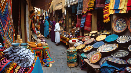 Fototapeta premium old arabic bazaar shopping in outdoor market vibrant materials, dishes