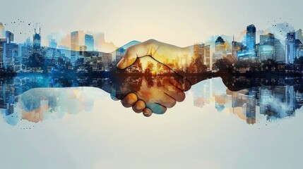 Two professionals merge in a handshake against a bustling skyline, embodying collaborative cross-industry ventures. Creativity meets commerce in the city's heart.
