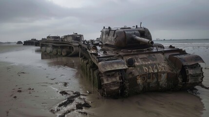 Abandoned military tanks on a muddy beach under overcast sky. D-Day Anniversary